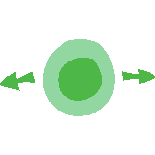 a stylized drawing of a green circle with two arrows on either side of it pointing out. the circle has a thick pale outline to represent motion